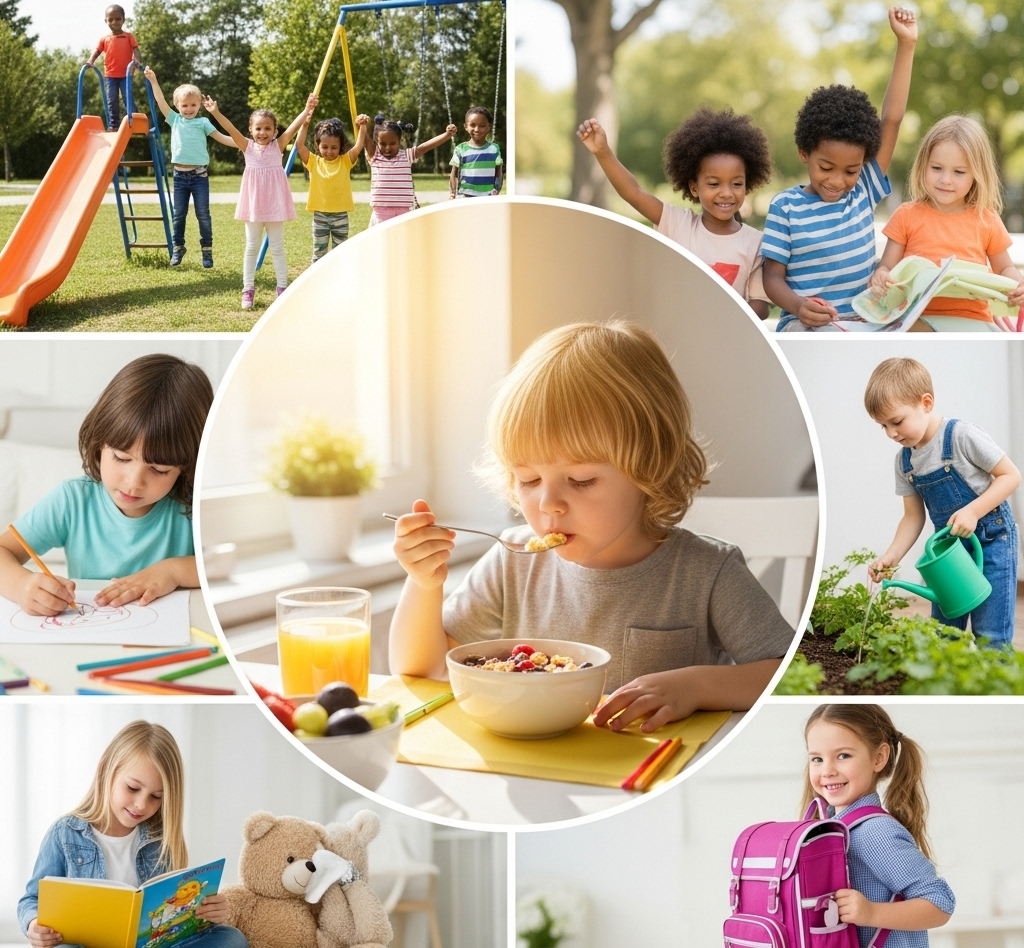 An image representing daily activities like waking up, eating, and working